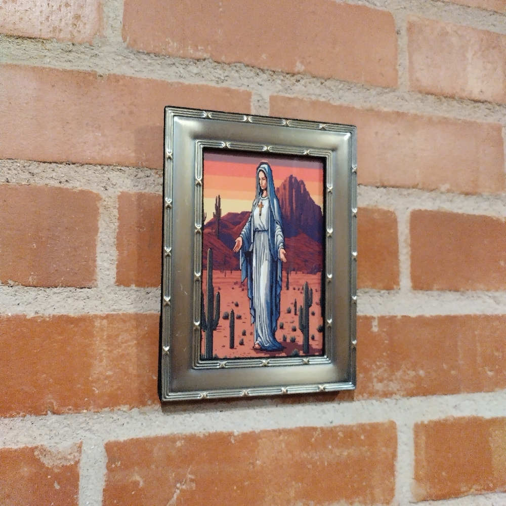 8 Bit Virgin Mary in Desert Framed Mini Art Print lo-fi Pixel Art By Neon Nicho